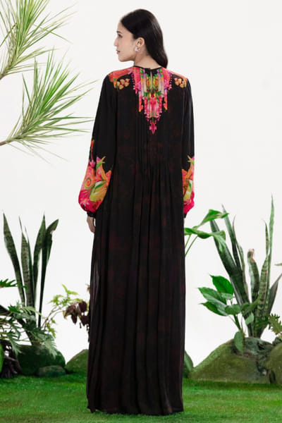 Siddhartha Bansal Black handprinted floral pintuck maxi dress SIDDMAY26D144975