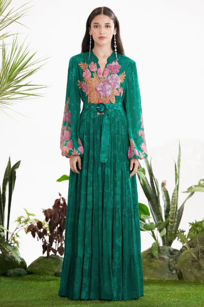 Siddhartha Bansal Green embroidered floral print maxi dress SIDDMAY26D144976