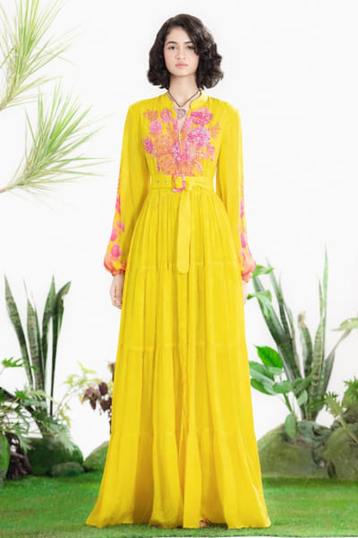Siddhartha Bansal Yellow hand-embroidered floral print dress SIDDMAY26D144978