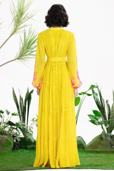 Siddhartha Bansal Yellow hand-embroidered floral print dress SIDDMAY26D144978