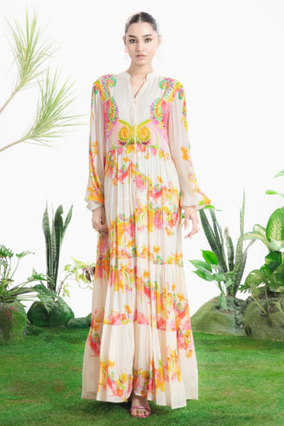Siddhartha Bansal White floral print tiered maxi dress SIDDMAY26D144979