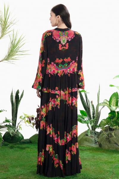 Siddhartha Bansal Black embroidered floral print tier maxi dress SIDDMAY26D144980