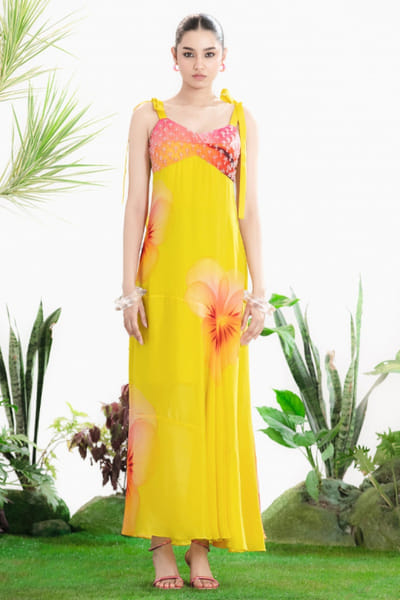 Siddhartha Bansal Yellow floral print embroidered strappy dress SIDDMAY26D144981