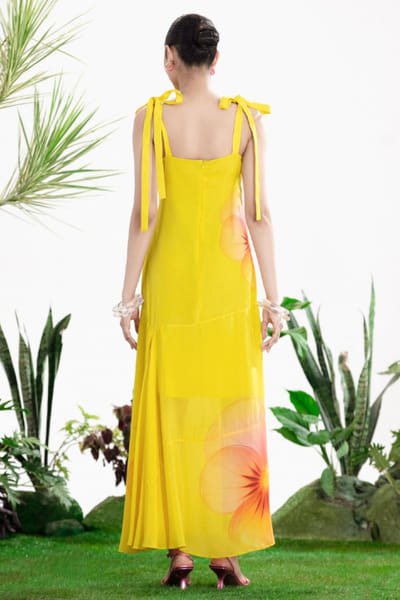 Siddhartha Bansal Yellow floral print embroidered strappy dress SIDDMAY26D144981