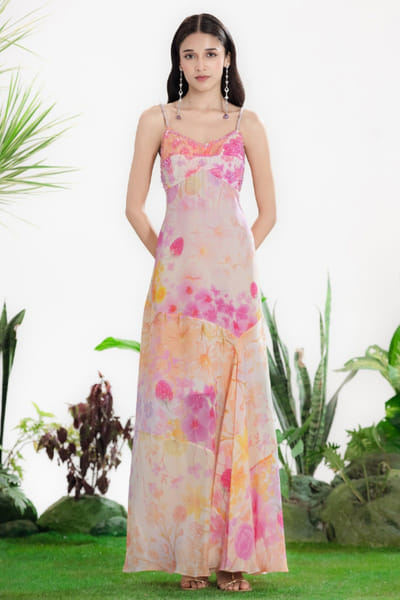 Siddhartha Bansal Pink-Peach floral print hand embroidered dress SIDDMAY26D144983