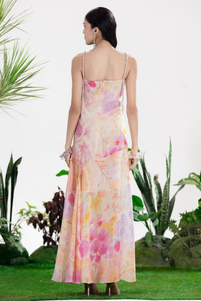 Siddhartha Bansal Pink-Peach floral print hand embroidered dress SIDDMAY26D144983