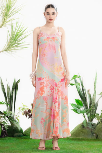 Siddhartha Bansal Multicolor floral print hand-embroidered dress SIDDMAY26D144984