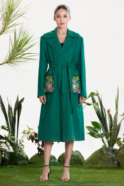 Siddhartha Bansal Emerald green floral embroidered trench coat SIDDMAY26D144986