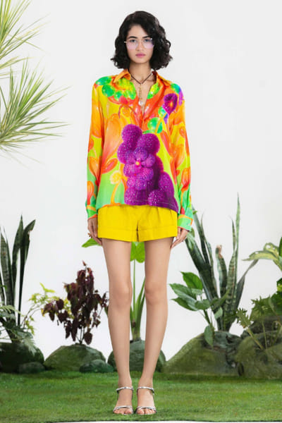 Siddhartha Bansal Yellow floral print embroidered shirt set SIDDMAY26D144987