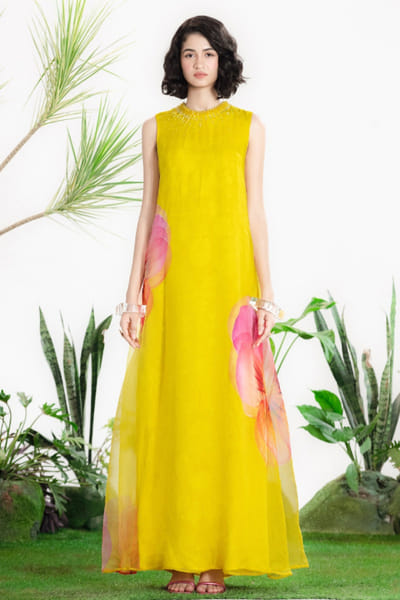 Siddhartha Bansal Yellow floral print embroidered maxi dress SIDDMAY26D144988