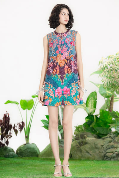 Siddhartha Bansal Blue 3D floral hand embroidered shift dress SIDDMAY26D144991