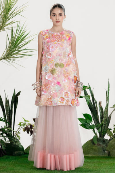 Siddhartha Bansal Pink net gathered sheer maxi skirt SIDDMAY26D144993