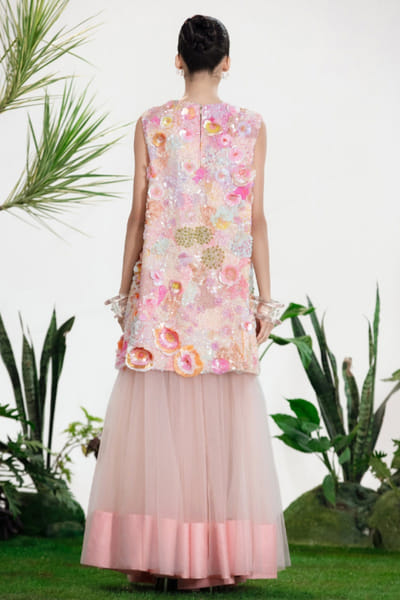 Siddhartha Bansal Pink net gathered sheer maxi skirt SIDDMAY26D144993