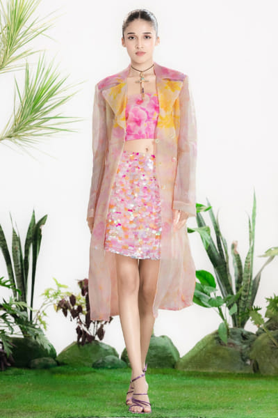 Siddhartha Bansal Pink printed sequin embroidered coat-skirt set SIDDMAY26D144994