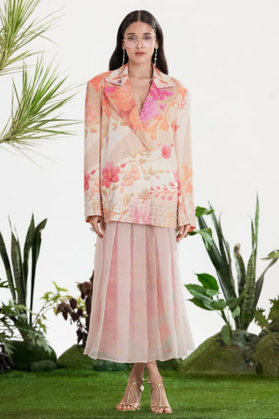 Siddhartha Bansal Beige-ivory floral print blazer-skirt set SIDDMAY26D144995