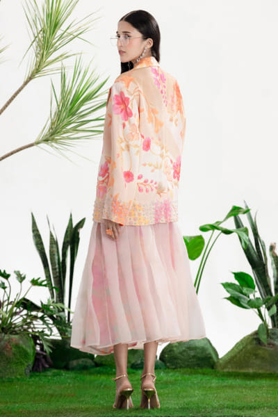 Siddhartha Bansal Beige-ivory floral print blazer-skirt set SIDDMAY26D144995