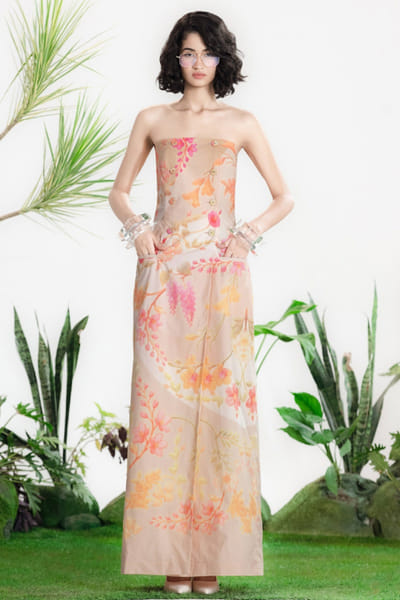 Siddhartha Bansal Beige-ivory floral print strapless maxi dress SIDDMAY26D144996