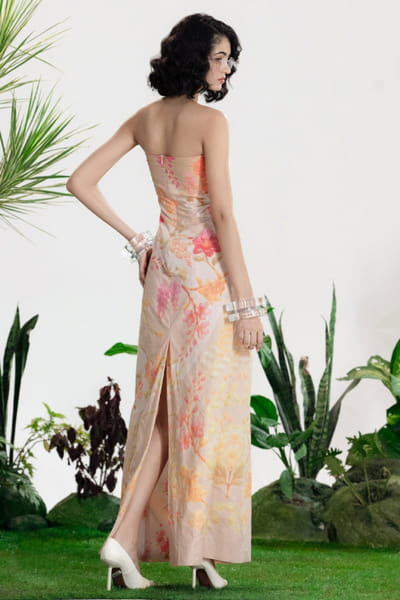 Siddhartha Bansal Beige-ivory floral print strapless maxi dress SIDDMAY26D144996