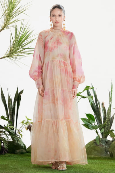 Siddhartha Bansal Pink-beige Ombre floral print tier maxi dress SIDDMAY26D144997