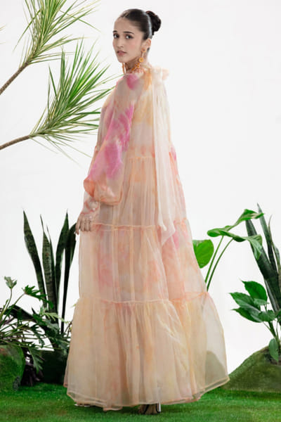 Siddhartha Bansal Pink-beige Ombre floral print tier maxi dress SIDDMAY26D144997