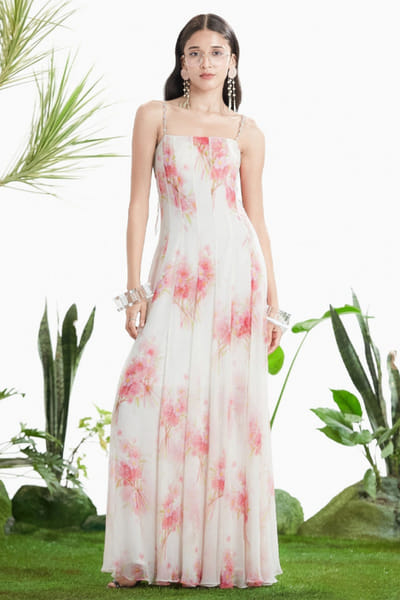 Siddhartha Bansal Ivory floral print embroidered strap maxi dress SIDDMAY26D144998