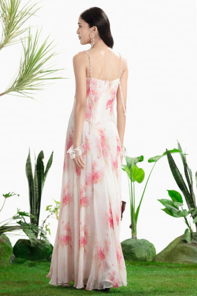 Siddhartha Bansal Ivory floral print embroidered strap maxi dress SIDDMAY26D144998