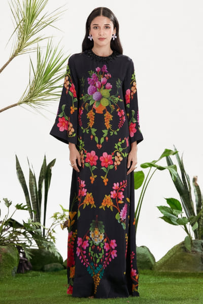Siddhartha Bansal Black floral print embroidered kaftan SIDDMAY26D145005