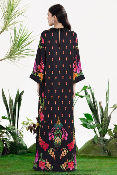 Siddhartha Bansal Black floral print embroidered kaftan SIDDMAY26D145005