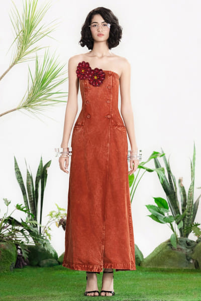 Siddhartha Bansal Brown acid wash denim strapless dress SIDDMAY26D145007