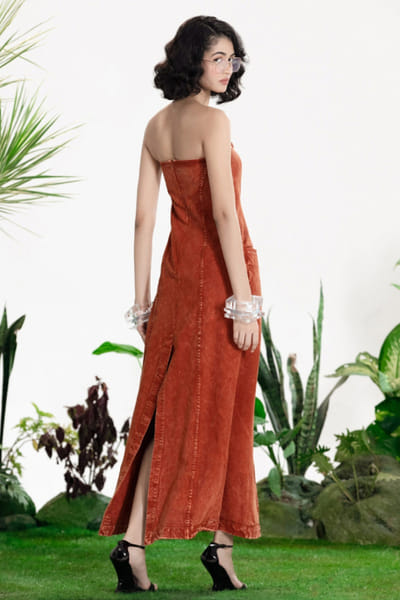 Siddhartha Bansal Brown acid wash denim strapless dress SIDDMAY26D145007