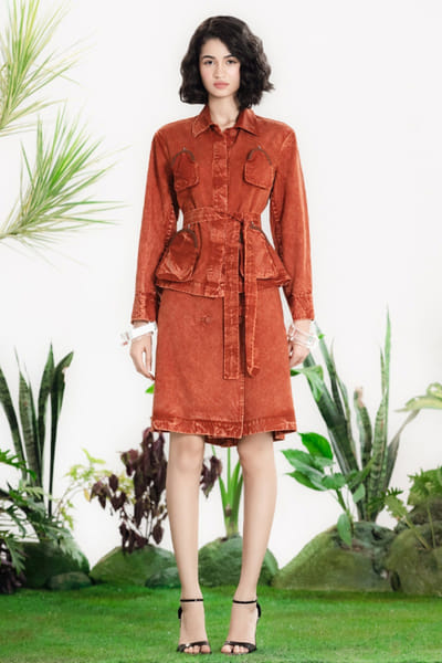 Siddhartha Bansal Brown acid wash denim jacket-skirt set SIDDMAY26D145008