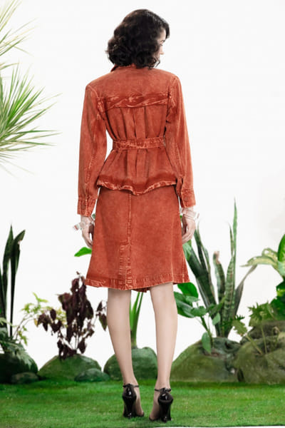 Siddhartha Bansal Brown acid wash denim jacket-skirt set SIDDMAY26D145008
