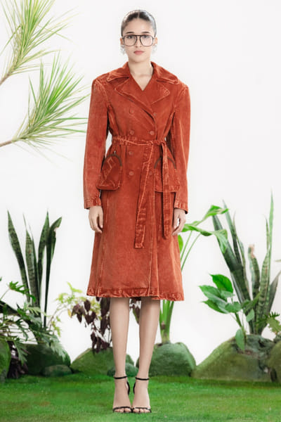 Siddhartha Bansal Brown pattern denim trench coat-dress set SIDDMAY26D145009