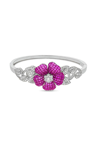 Ruby silver floral embellished cuff bracelet