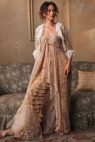 Beige lace cape and ruffled pant set