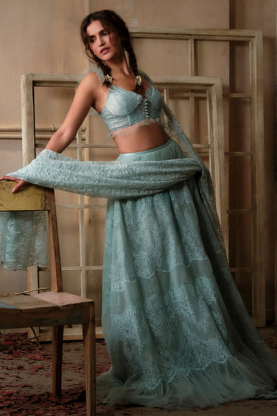 Powder blue lace embroidery corset-lehenga set