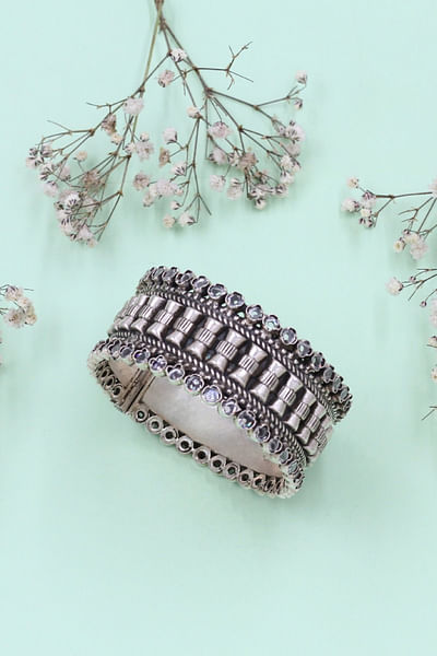 Silver beaded oxidized bangle
