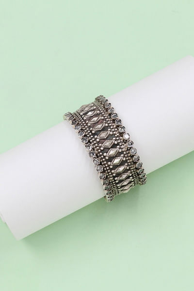 Silver diamond embellished oxidized bangle