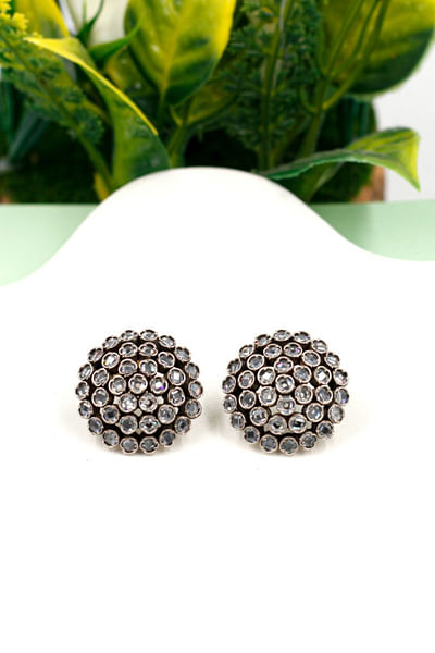 Silver checker stone stud earrings