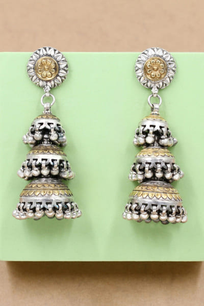 Gold and silver triple jhumkas