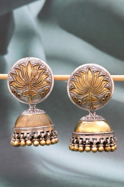 Gold and silver lotus jhumkas
