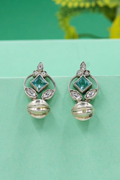 Green stone embellished silver earrings