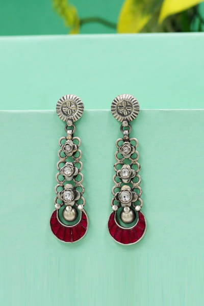 Red floral kundan embellished drop earrings