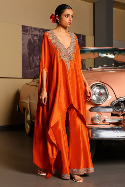 Rust orange dabka-dori embroidered cape set