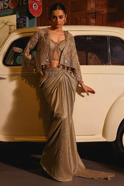 Green gold dabka cape and pre-draped sari set