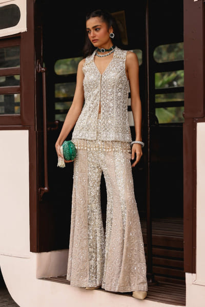 Sabe Gold pearl and sequin chikankari co-ords SABMAY25D127662
