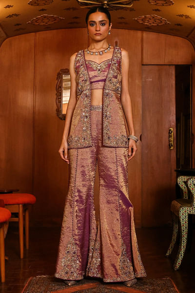 Purplish mauve dabka and sequin jacket set