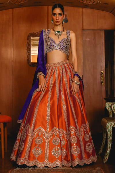 Orange blue dori-dabka and sequin lehenga set