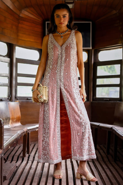 Rose pink pearl-sequin chikankari kurta set