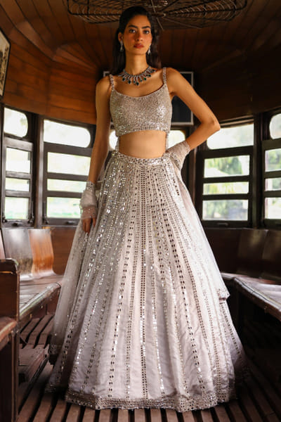 Sabe Silver mirror-zari embroidered lehenga set SABMAY25D127644